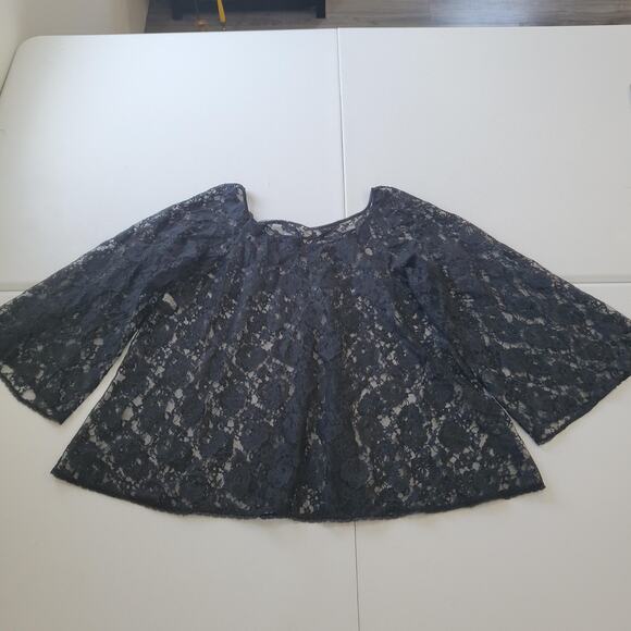 Vintage Whimsigoth Goth Witch Shirt Womens Large Black Lace Bell Sleeve Tie Neck - Picture 2 of 10